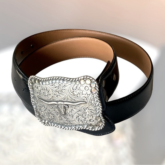 Nocona Accessories - NOCONA ANTIQUE METAL RHINESTONE STEERHEAD BUCKLE/LEATHER BELT COASTAL COWGIRL L
